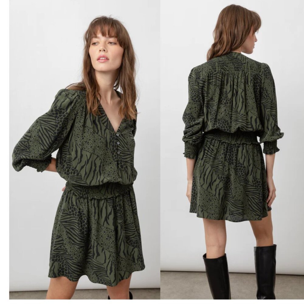 RAILS Zana Smocked Olive Mixed Animal Stripe Dress Size XS